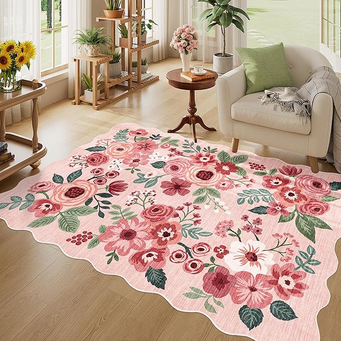 DUKINO 4x6 Area Rug, Floral Non-Slip Indoor Washable Rug with Low Pile & Non-Shedding, Lightwight Boho Design Carpet for Entryway, Bedroom, Kids Room, Living Room, Kitchen, Pink