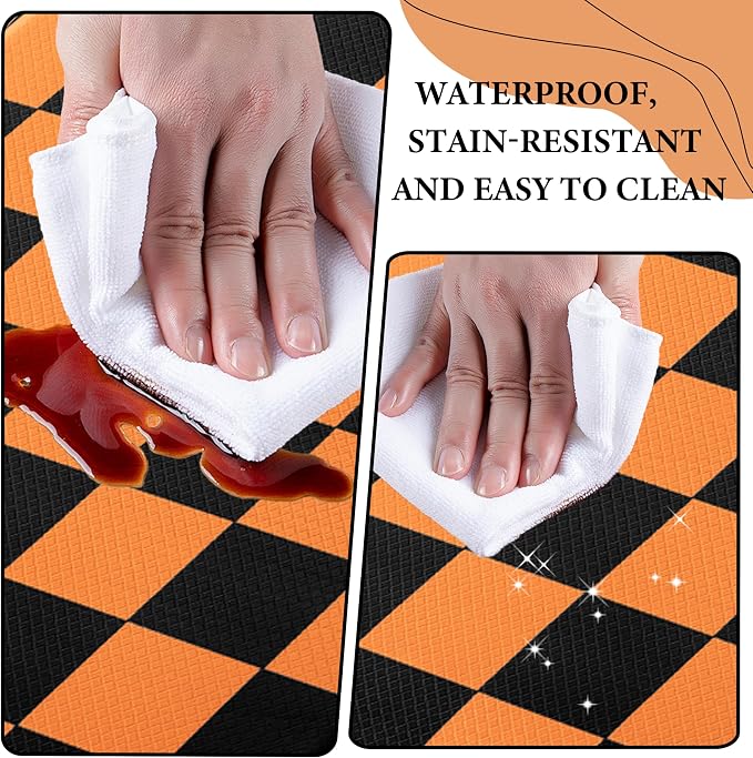 Black Orange Checkered Grid Checkerboard Kitchen Rug Sets [2 PCs], Anti-Fatigue, Waterproof Non-Slip Kitchen Mats Heavy Duty Ergonomic Comfort Foam Rug for Floor, Home,17"x29"+17"x47"