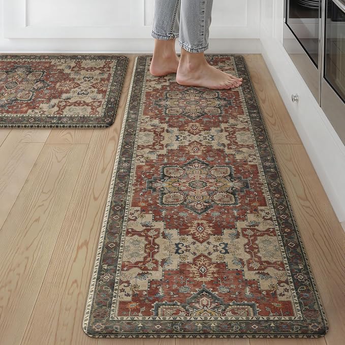 GENIMO Kitchen Mats for Floor 2PCs, Washable Anti Fatigue Mat for Cushioned, 17.3"x59"+17.3"x30", Waterproof Kitchen Rugs, Non Slip Comfort Standing Mat Rug for Home, Sink, Laundry, Bordeaux