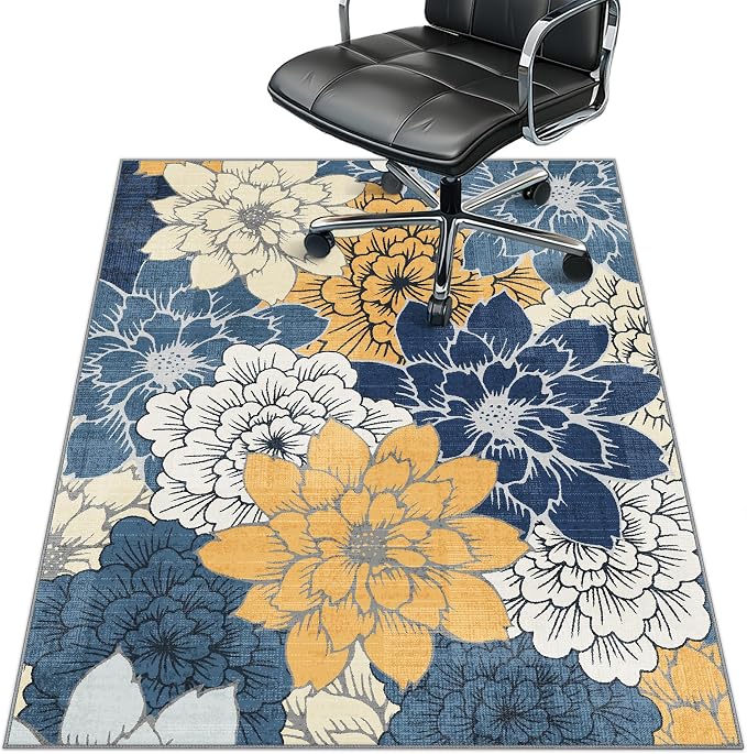 48"x60" Office Chair Mat for Hardwood Tile Floor, Under Desk Carpet Protector for Rolling Computer Chair Mat, Machine Washable Area Rug, Anti-Slip 1/5" Thick Low Pile Thin Vinyl Floor Mat, Navy Yellow