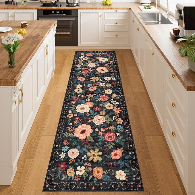 DUKINO Runner Rug, 2x10 Kitchen Runner Rug for Hallway with Non Slip Backing, Washable Low Pile Soft Boho Floral Carpet for Kitchen, Entryway, Hallway, Laundry, Bedroom, Black