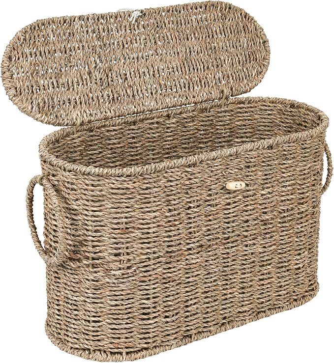 efluky Toilet Paper Storage Basket, Seagrass Slim Toilet Paper Holder with Lid- Holds Up to 9 Mega Rolls, Home Bathroom Decor Organizer