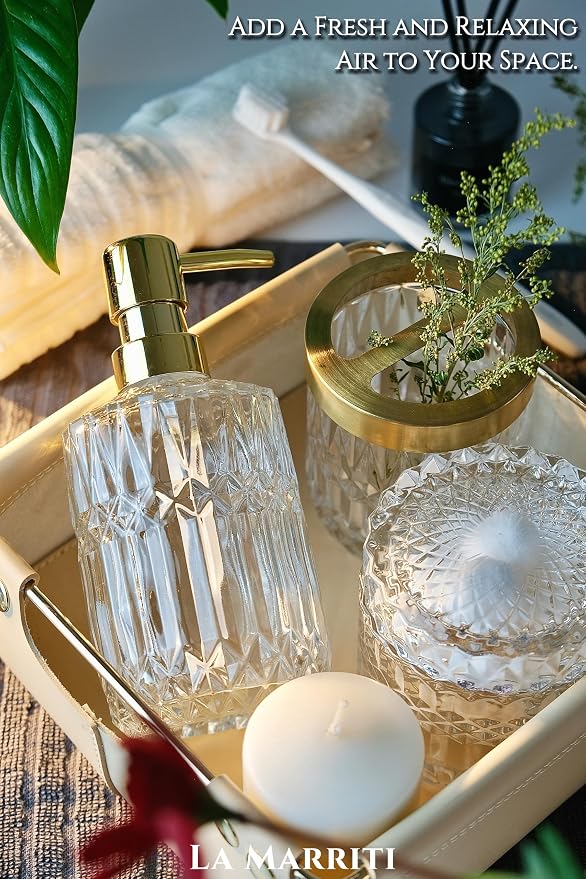 LaMarriti Clear Bathroom Accessories Set, 5pcs Crystal Glass Bathroom Set Accessories, Soap Dispenser, Toothbrush Holder Set, Soap Dish, Tumbler, Qtips Holder for Vintage Bathroom Decor, Gift Set