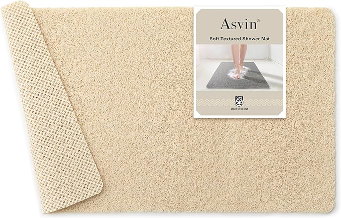 Asvin Soft Textured Bath, Shower, Tub Mat, 24x16 Inch, Phthalate Free, Non Slip Comfort Bathtub Mats with Drain, PVC Loofah Bathroom Mats for Wet Areas, Quick Drying