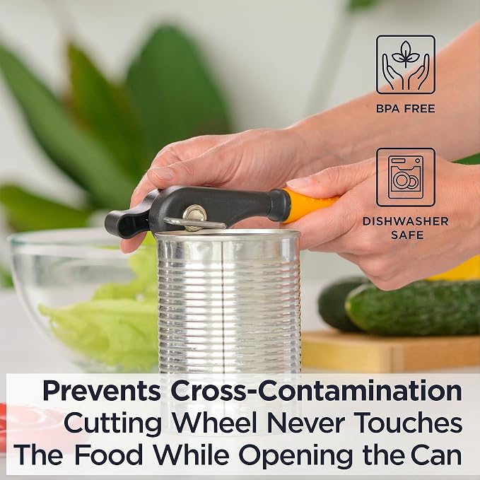 Deiss Pro Heavy Duty Can Opener Manual Smooth Edge, Handheld Can Opener With Soft Touch Handle, Rust Proof Safety Can Opener Oversized Handheld Easy Turn Knob, Best Large Lid Openers (ORANGE)