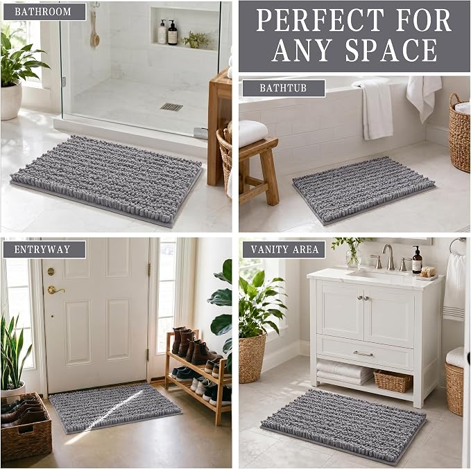 Yimobra Bathroom Rugs Non-Slip Washable – Extra Soft & Absorbent Chenille Bath Mat, Quick-Dry Plush Shaggy Floor & Vanity Bath Rugs for Tub & Shower, Modern Home Decor Accessories, 24 x 17, Grey