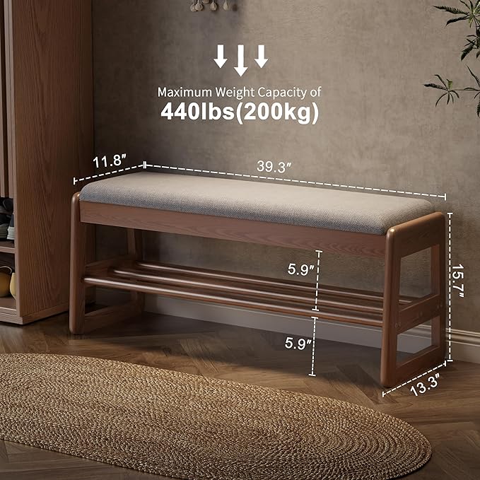 AQIMUELE Shoe Rack Bench,2 Tiers Shoe Bench with Storage with Flip-Top,Wood Shoe Rack for Entryway,Hallway(Walnut Upholstered Seat,11.8" D x 39.3" W x 15.7" H