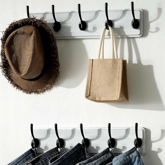 SKOLOO Rustic Wall Mounted Coat Rack, Pine Solid Wood Coat Hook Hanger - 5 Hooks for Hanging Clothes Robes Towels Coats