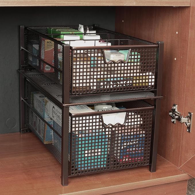 Deco Brothers Stackable Pull Out Cabinet Sliding Basket with Dividers, Large, Bronze