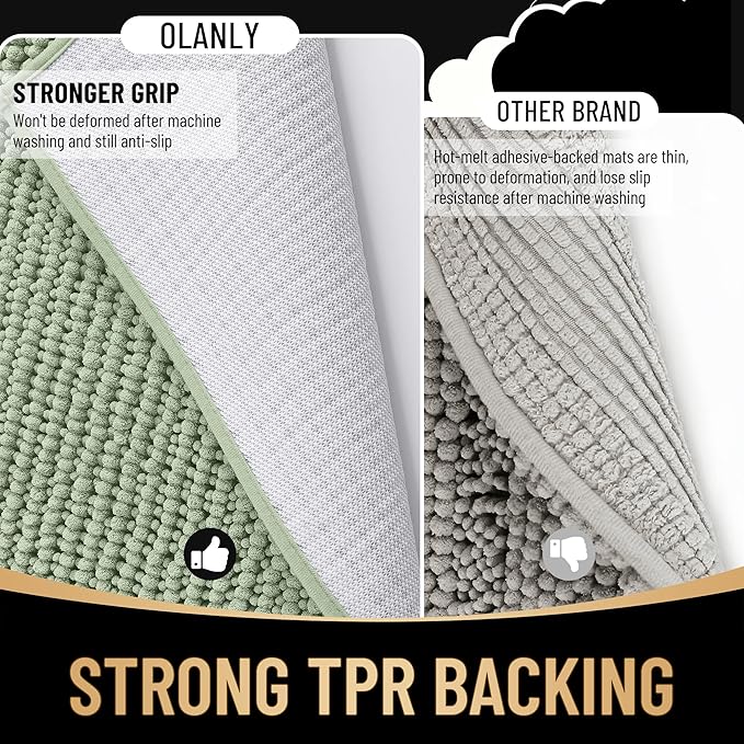 OLANLY Thick Small Bathroom Rugs 24x16, Extra Soft Absorbent Chenille Bath Rugs, Rubber Backing, Machine Wash Dry, Bath Mats for Bathroom Floor, Tub and Shower, Home Decor Accessories, Sage Green