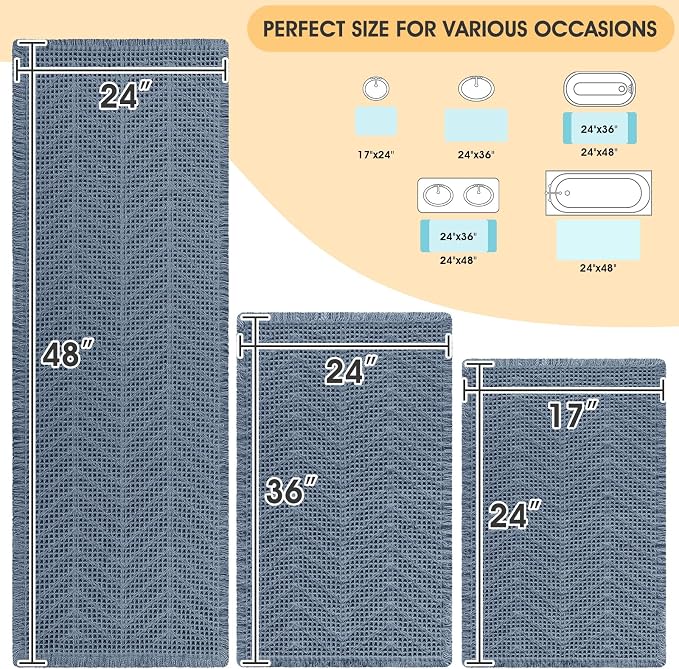 Upgrade Waffle Bath Mat Set 3 Piece, Boho Bathroom Rugs Absorbent Non Slip, Soft Bathroom Mats, Machine Washable Knit Bath Rugs with Herringbones for Bathroom, Bedroom, Kitchen, Shower, Tub, Blue