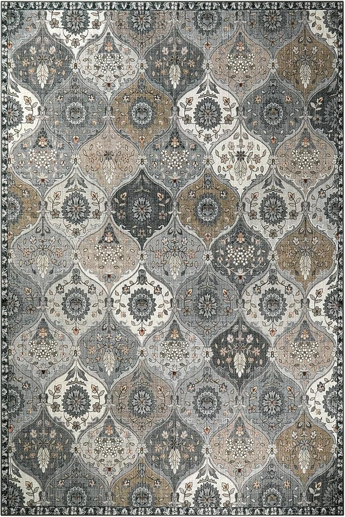 Lahome Moroccan Washable Area Rug 6x9, Ultra-Thin Large Living Room Rugs for Bedroom, Oriental Trellis Distressed Non Shedding Throw Carpet for Dining Room Office Elise, Grey