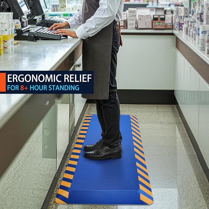 FEATOL Anti Fatigue Mat Industrial, Ergonomic Standing Floor Mat for Work for Stand -Safety Support for Leg & Back Pain(Blue with Yellow Border, 17" x 24", 1PC)