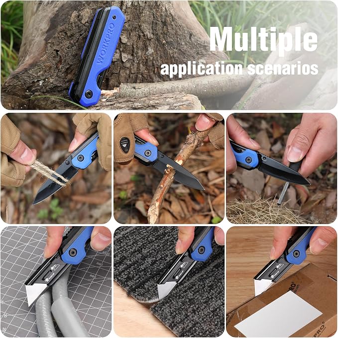 WORKPRO 2-in-1 Folding Knife/Utility Knife, Quick-Change Box Cutter with Belt Clip, Liner Lock, and G10 Handle, Extra 10 SK5 Blades Included, Blue