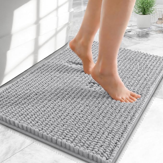 OLANLY Thick Small Bathroom Rugs 24x16, Extra Soft Absorbent Chenille Bath Rugs, Rubber Backing, Machine Wash Dry, Bath Mats for Bathroom Floor, Tub and Shower, Home Decor Accessories, Light Grey