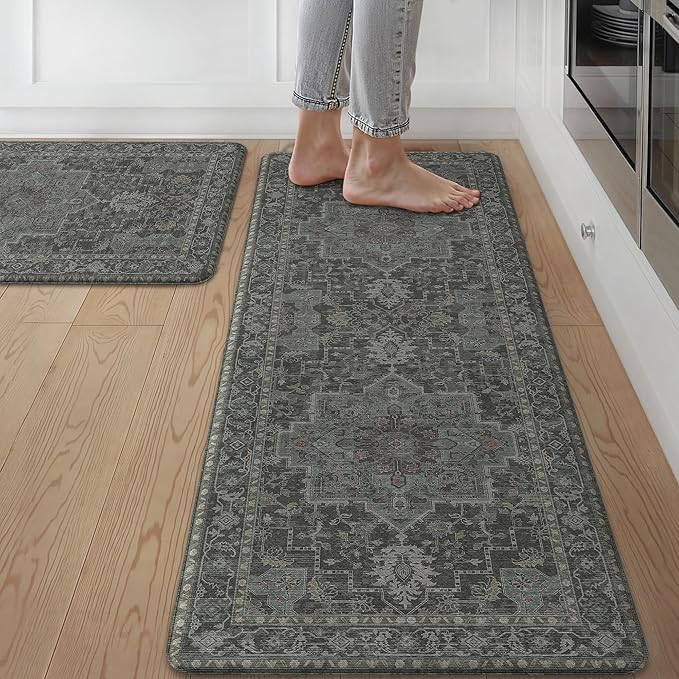 GENIMO Kitchen Mats for Floor 2PCs, Washable Anti Fatigue Mat for Cushioned, 17.3"x47"+17.3"x30", Waterproof Kitchen Rugs, Non Slip Comfort Standing Mat Rug for Home, Sink, Laundry, Dusky Green