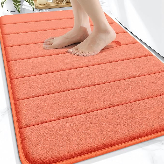 OLANLY Memory Foam Bath Mat 30x20, Super Soft Absorbent Bathroom Rugs, Quick Dry, Machine Washable Shower Floor Rugs, Bathmat Carpet, Bathroom Home Decor Accessories, Coral