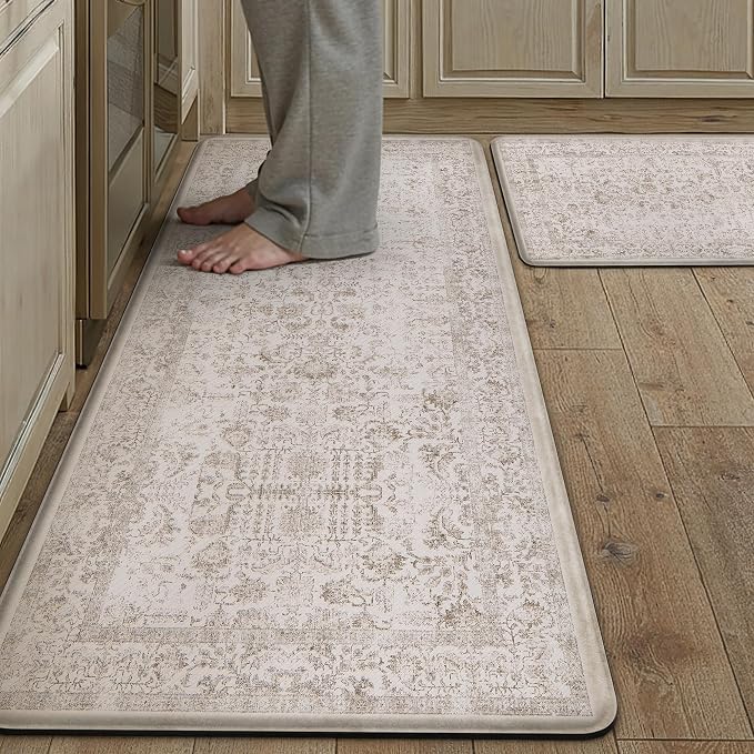 PureCozy Kitchen Mats 2PCS Anti Fatigue Cushioned Mat Light Brown Vintage Kitchen Mats for Floor Waterproof Non Slip Comfort Standing Retro Floral Rug for Sink Laundry Office 17.3"x47"+17.3"x30"