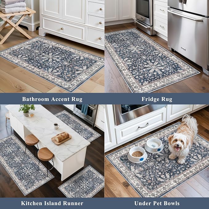 Kitchen Rug Sets 3 Piece Non Skid – Washable Small Kitchen Rugs and Runner Set for Sink Entryway Bathroom Hallway – Soft Low Pile Floor Mats (Blue,2x3,2x4,2x5)