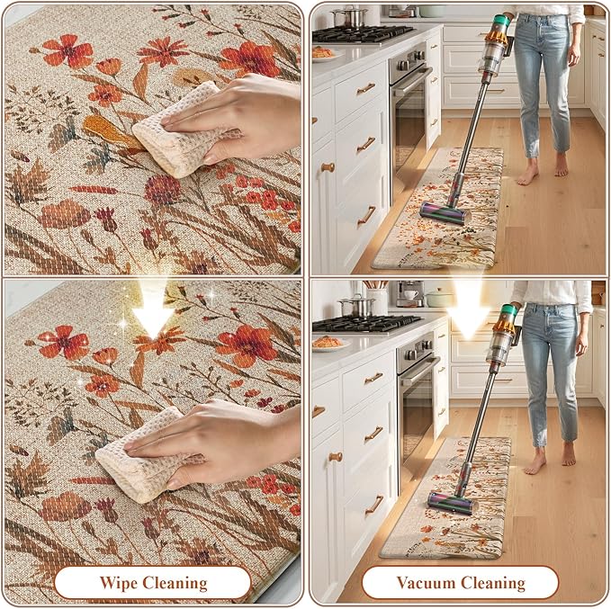 KIMODE Fall Kitchen Mats Cushioned Anti Fatigue, Orange Farmhouse Kitchen Rugs Sets of 2, Non Slip Kitchen Mats for Floor, Padded Kitchen Floor Mats for Sink Laundry Office Desk 17"x47"+17"x29"