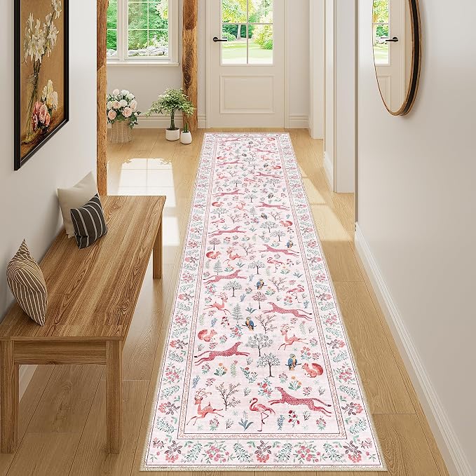 DUKINO Runner Rug, 2x8 Washable Kitchen Rugs for Hallways with Non Slip Backing, Soft Low Pile Vintage Animal Runner for Kitchen, Hallway, Entryway, Laundry, Bedroom, Pink