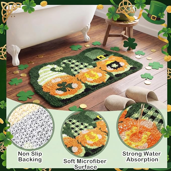 Capoda St. Patrick's Day Bathroom Rug 20 x 31.5 Inch Gnome Shamrock Bathroom Rug Non-Slip Washable Soft St. Patrick Bath Mat for Indoor Outdoor Home Kitchen Bath Decoration(1 Pcs, Gnome)