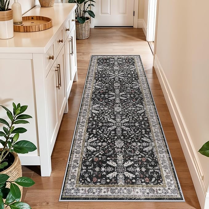 2x6 Washable Kitchen Runner Rug – Non-Slip Boho Vintage Carpet Runner for Hallway, Entryway, Bedroom & Bathroom – Soft Low-Pile Thin Area Rug with Rubber Backing (Black,2x6)