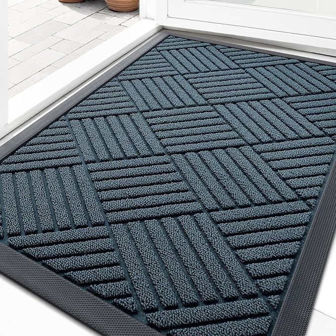 OLANLY Front Door Mat Outside Entrance 33x21, Absorbent, Heavy Duty Sturdy Natural Rubber Doormat Indoor Outdoor, Stain Fade Resistant, Non-Slip Low Profile Floor Mat for Entryway, Lake Blue Diamond