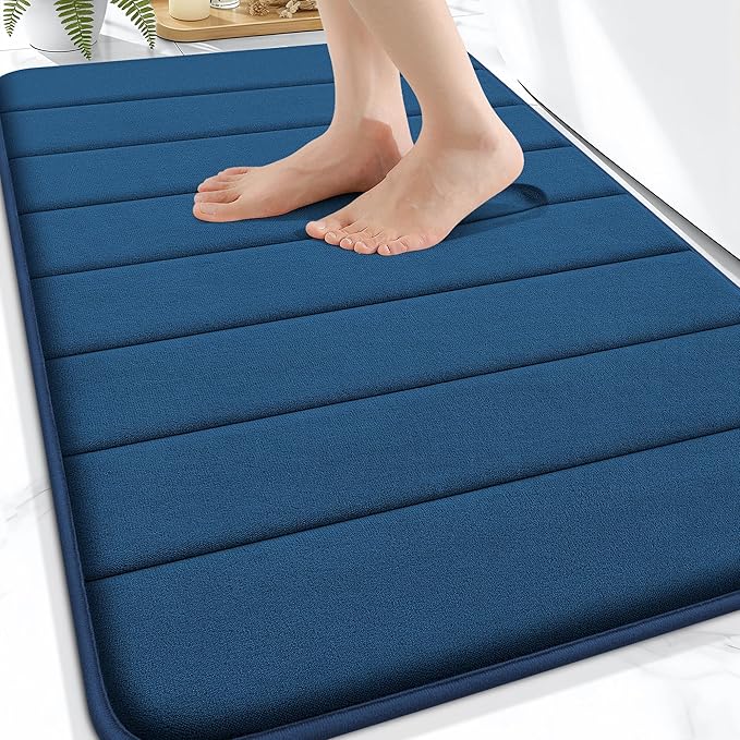 OLANLY Memory Foam Bath Mat 30x20, Super Soft Absorbent Bathroom Rugs, Quick Dry, Machine Washable Shower Floor Rugs, Bathmat Carpet, Bathroom Home Decor Accessories, Navy Blue