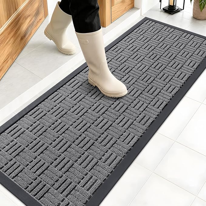 OLANLY Front Door Mat Outside Entrance 47x17, Absorbent, Heavy Duty Sturdy Natural Rubber Doormat Indoor Outdoor, Stain and Fade Resistant, Non-Slip Backing Low Profile Floor Mat for Entryway, Grey