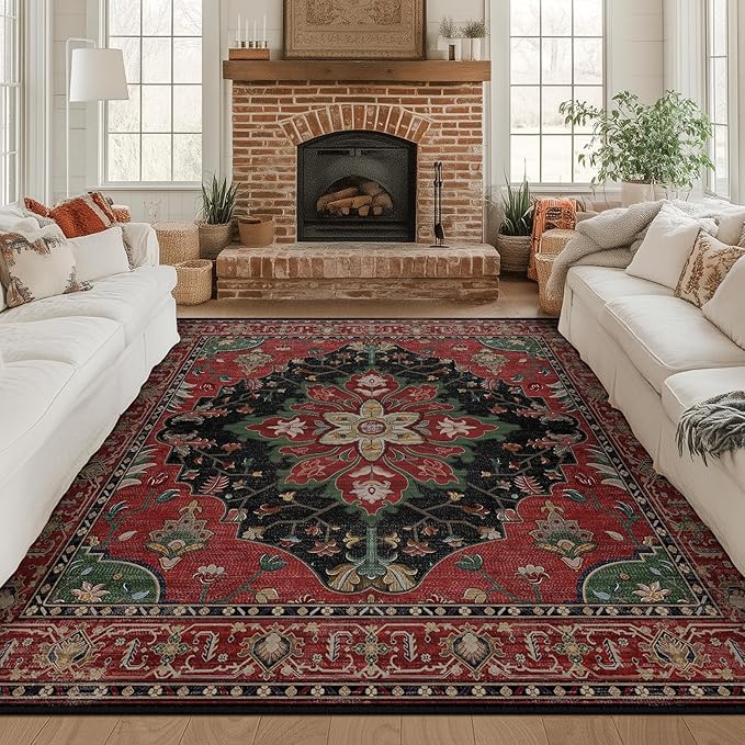 RELEANY Area Rugs Square 8ft Washable Non-Slip, Floral Vintage Distress Medallion Carpet for Living Room Bedroom Dining Room, Red Black