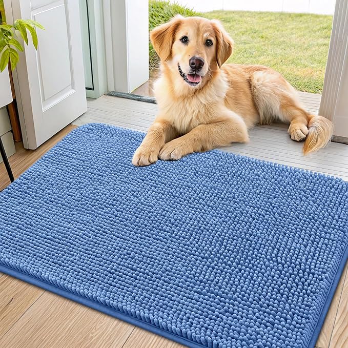 Smiry Dog Door Mat for Muddy Paws 36x24, Absorbent Dirt Trapper, Non-Slip Washable Chenille Entryway Rug for Inside Floor, Cornflower Blue, Classic Solid