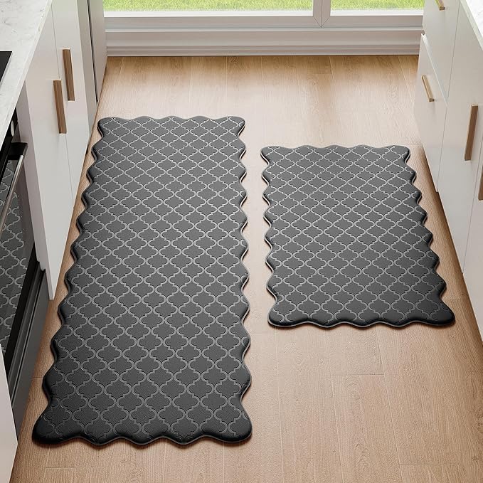 Arenarug Upgrade Scalloped Embossed Kitchen Mats for Floor 2PCS Cushioned Anti Fatigue Waterproof Foam Kitchen Rugs Non Slip Washable Comfort Standing Mat for Sink Laundry, 24"x39"+24"x59", Black
