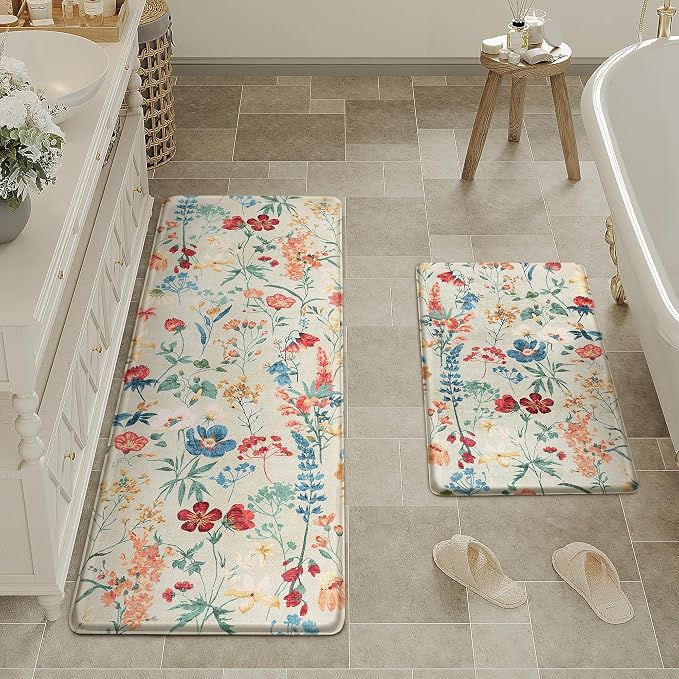 PureCozy Kitchen Mats 2PCS Anti Fatigue Cushioned Mat Non Slip Floral Boho Kitchen Mats for Floor Waterproof Comfort Standing Beige Rug for Sink Laundry Office Desk 17.3"x47"+17.3"x30"