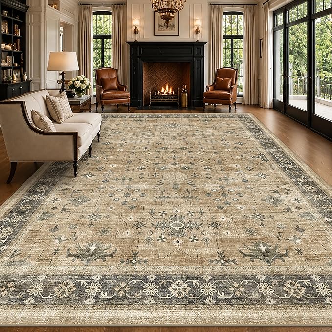 Taupe and Sage 8x10 Living Room Rug, Oriental Large Area Rug for Dining Room Under Table, Natural Washable Low Pile Bedroom Carpet, Non-Slip Stain Resistant Indoor Door Mat