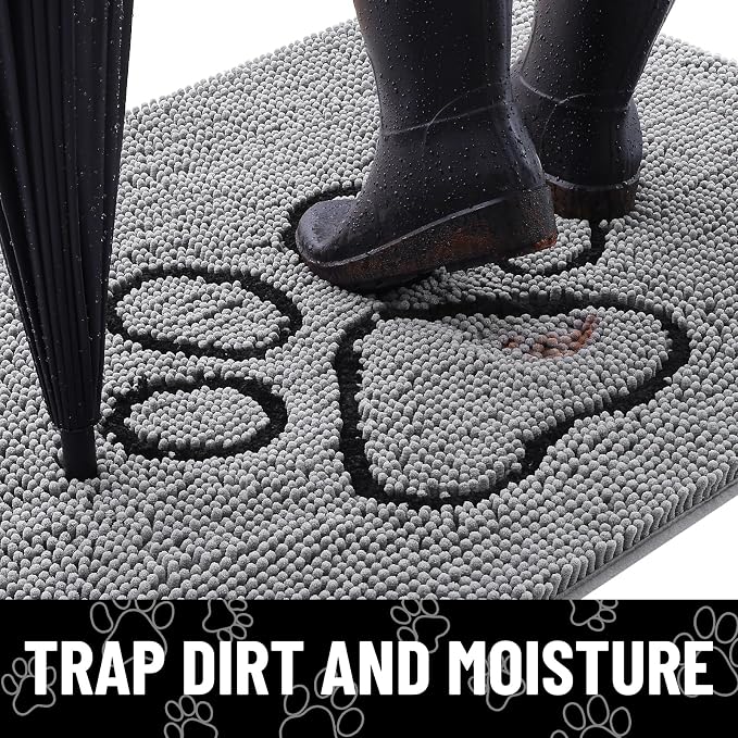 Smiry Dog Door Mat for Muddy Paws, Absorbent Dirt Trapper Non Slip Quick Dry Washable Chenille Mat for Mud Dogs, Entry Rug for Indoor and Outdoor (70x24 Inches, Grey and Black)