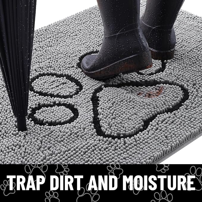 Smiry Dog Door Mat for Muddy Paws, Absorbent Dirt Trapper Non Slip Quick Dry Washable Chenille Mat for Mud Dogs, Entry Rug for Indoor and Outdoor (24x16 Inches, Grey and Black)