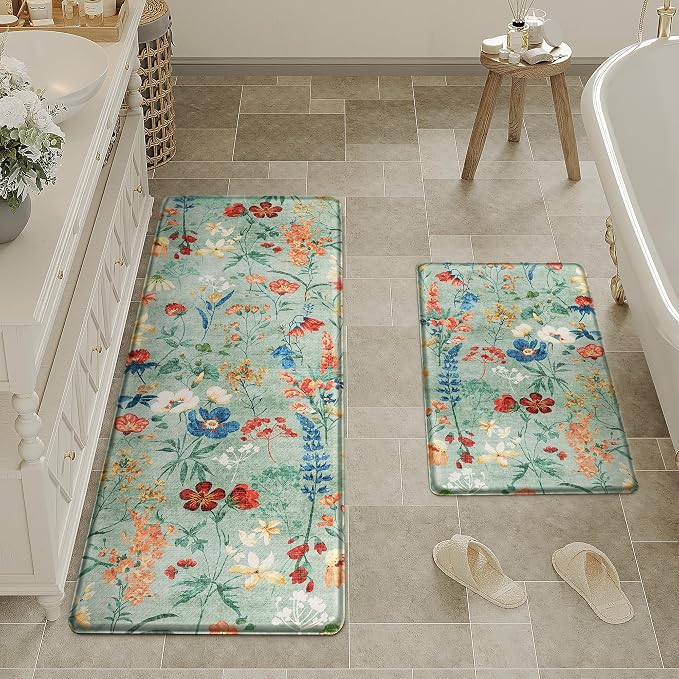 PureCozy Kitchen Mats 2PCS Anti Fatigue Cushioned Mat Non Slip Floral Boho Kitchen Mats for Floor Waterproof Comfort Standing Green Rug for Sink Laundry Office Desk 17.3"x47"+17.3"x30"