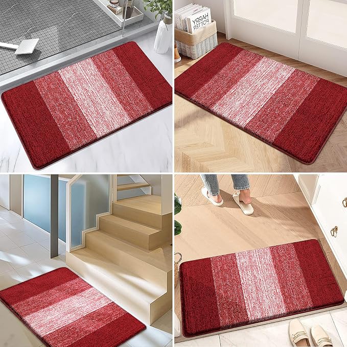 Kitinjoy Indoor Outdoor Door Mat, 32x20 Non-Slip Absorbent Dirt Trapper, Low-Profile Washable Inside Entrance Front Floor Mat, Sturdy Soft Entry Doormats for Entryway, Burgundy