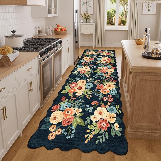 DUKINO 3x8 Washable Runner Rug, Soft Indoor Floral Non Slip Long Runner Rug for Hallways, Lightweight & Low Pile Floor Carpet for Kitchen, Entryway, Hallway, Bathroom, Laundry, Bedroom, Navy Blue