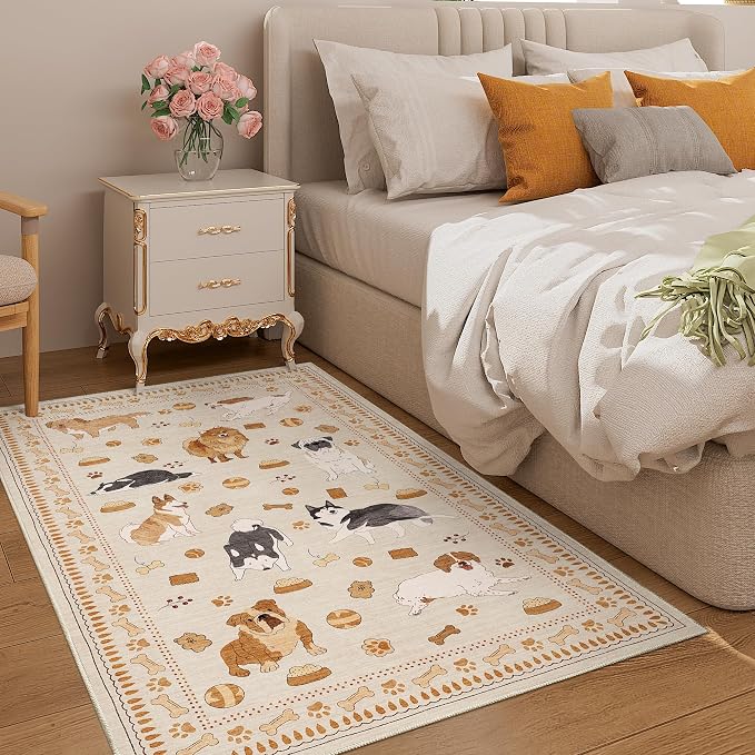 DUKINO 3x5 Area Rug, Lightweight Washable Entryway Rug with Non Slip & Low Pile, Soft Non Shedding Animal Dog Print Pattern Indoor Carpet for Bedroom, Kitchen, Bathroom, Kids Room, Beige Yellow