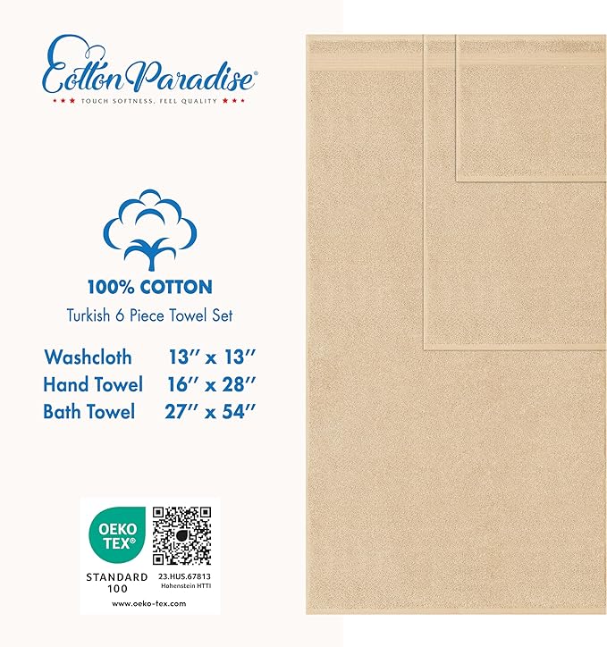 Cotton Paradise 100% Cotton Turkish Towel Set, Soft Absorbent Quick Dry, 6 Piece Towel Set, Beige