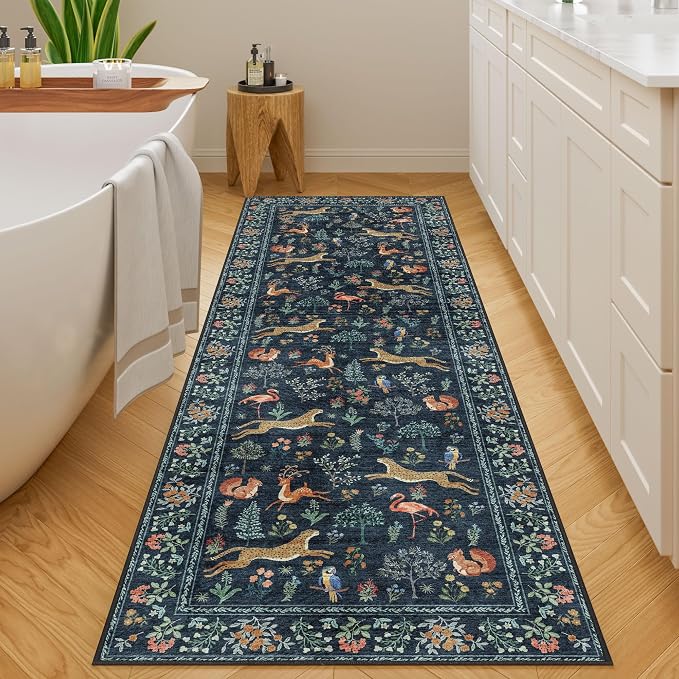DUKINO 2.6x8 Rug for Hallway, Washable Kitchen Runner Rug with Non Slip Backing, Soft Low Pile Vintage Animal Runner for Bedroom, Kitchen, Hallway, Entryway, Laundry, Navy Blue