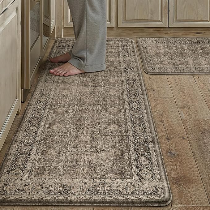 PureCozy Kitchen Mats 2PCS Anti Fatigue Cushioned Mat Brown Vintage Kitchen Mats for Floor Waterproof Non Slip Comfort Standing Distressed Rug for Sink Laundry Office 17.3"x47"+17.3"x30"