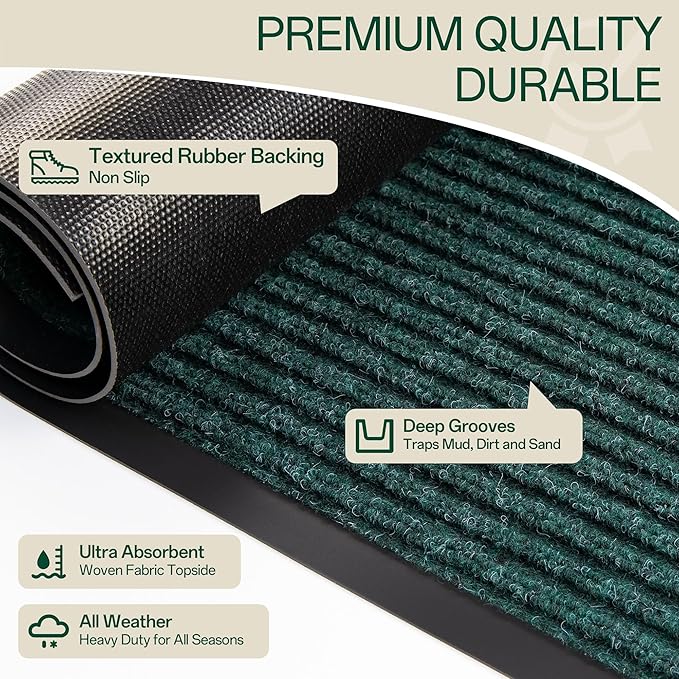 Indoor Outdoor Door Mat, 6’x 2' Doormat for Entryway, Rubber Backing Non Slip Front Door Mat Outside Entrance, Super Absorbent Commercial Floor Mat for Home Office, Green