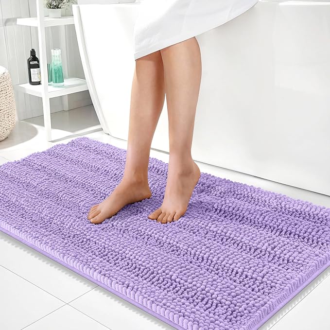 OLANLY Thick Bathroom Runner Rugs 44x24, Extra Absorbent Chenille Striped Bath Rugs, Rubber Backing, Machine Wash Dry, Long Bath Mats for Bathroom, Tub and Shower, Home Decor Accessories, Lavender
