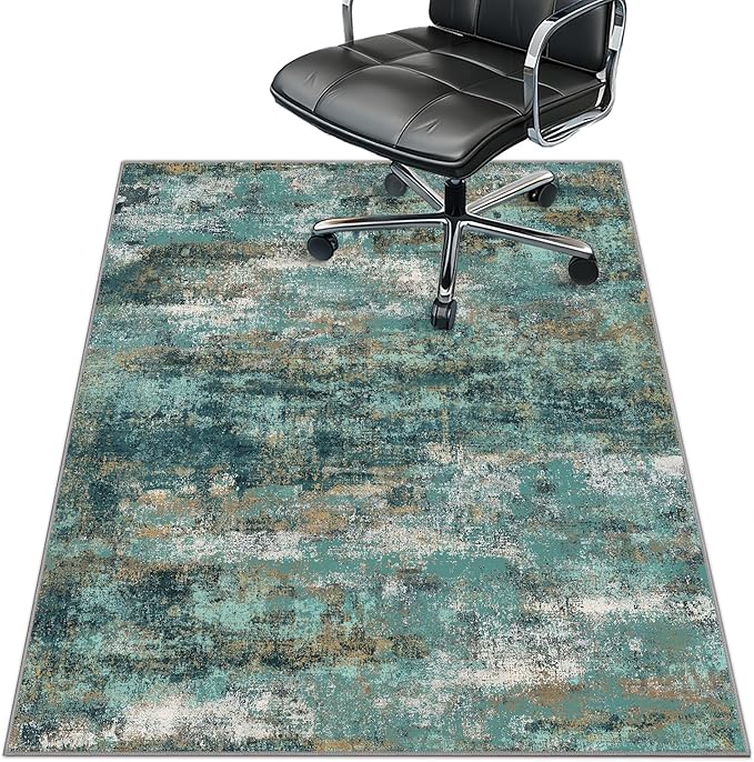 36"x48" Office Chair Mat for Hardwood Tile Floor, Under Desk Carpet Protector for Rolling Computer Chair Mat, Machine Washable Area Rug, Anti-Slip 1/5" Thick Low Pile Thin Vinyl Floor Mat, Teal Blue