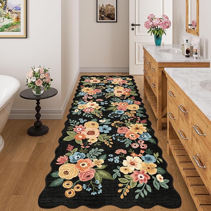 DUKINO 3x8 Washable Runner Rug, Soft Indoor Floral Non Slip Long Runner Rug for Hallways, Lightweight & Low Pile Floor Carpet for Kitchen, Entryway, Hallway, Bathroom, Laundry, Bedroom, Black
