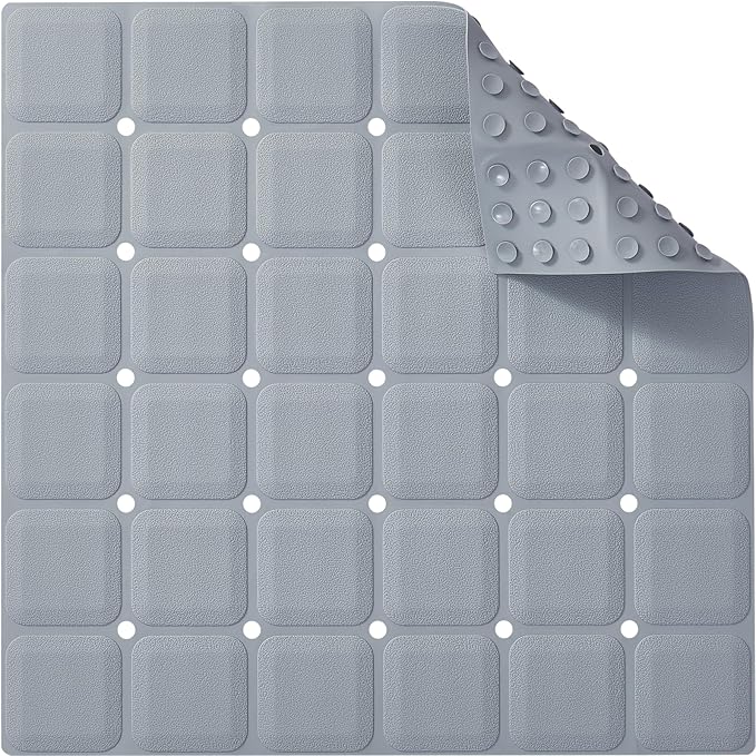 Webos Anti Slip Shower Mat for Tub & Shower Stall, 21" x 21" Square Silicone Bathtub Mat with Powerful Suction Cups, Fast-Draining, Machine Washable Soft Foldable Bathroom Mat, Grey