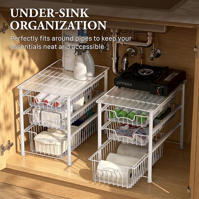 Simple Houseware Stackable 3 Tier Sliding Basket Organizer Drawer, White